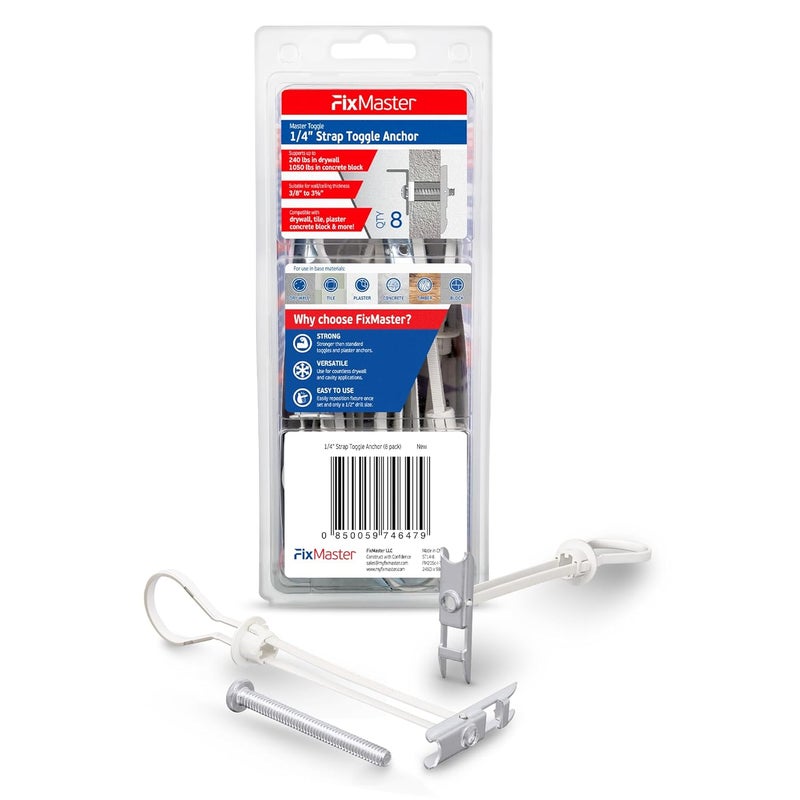 FixMaster 1/4" Heavy Duty Master Toggle-Bolt Strap Anchors (8 Pack) w/ 8 Steel Threaded Studs, 3/8" to 3-5/8" Grip Range, for 1/4"-20 Fastener Size - 240lb in 3/8-1/2" & 300lb in 5/8" Drywall Holding Strength - Image 1